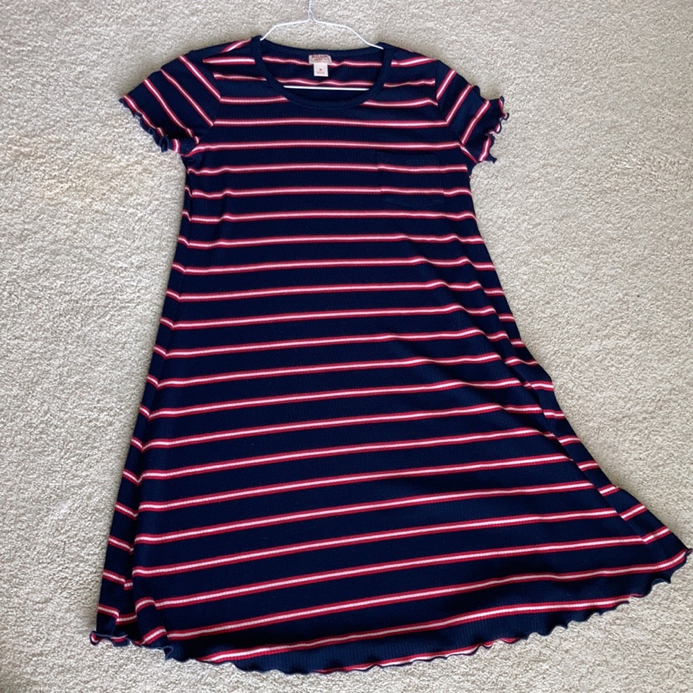 RED, WHITE & BLUE stripe dress withruffle detail on trim